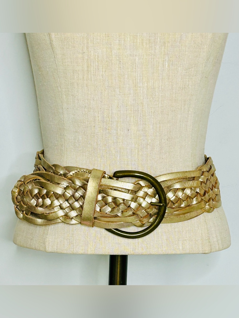 Express Vintage Metallic Gold Wide Braided Leather Belt, Brass Horse Buckle